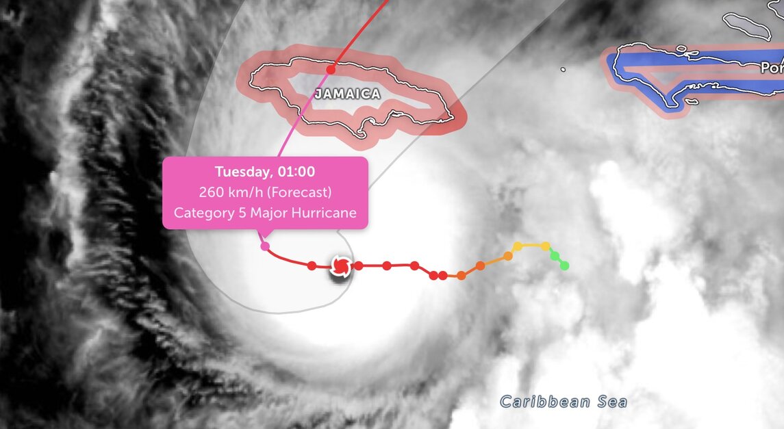 Bão Melissa tiếp tục mạnh lên, với sức gió dự báo lên tới 260 km/h khi áp sát Jamaica. Ảnh: Zoom Earth