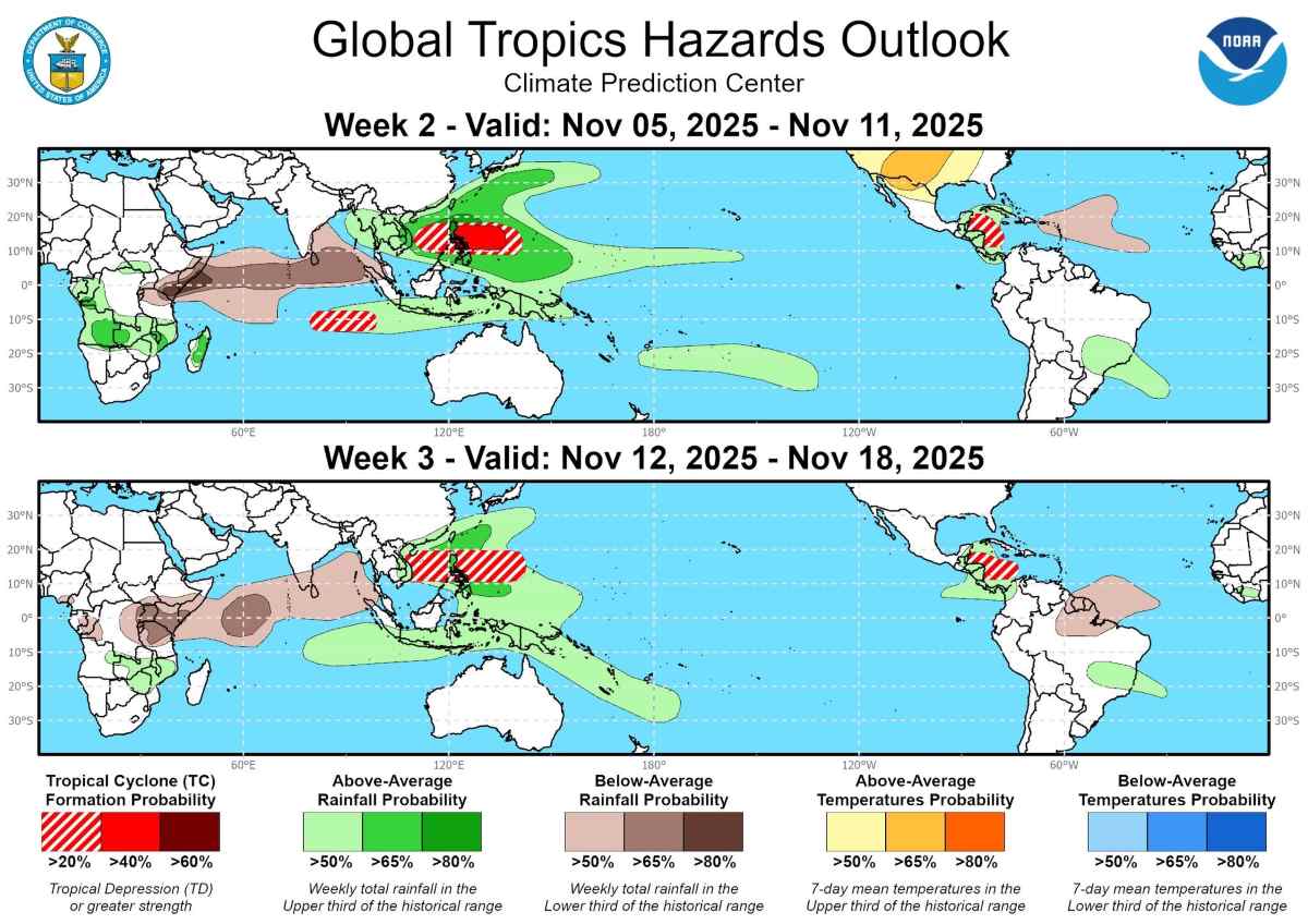 Dự báo bão, mưa toàn cầu từ ngày 5-18.11.2025. Ảnh: NOAA/CPC