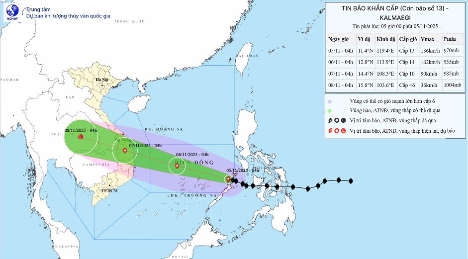 Dự báo đường đi và vùng đổ bộ Việt Nam của bão số 13. Ảnh: Trung tâm Dự báo Khí tượng Thủy văn Quốc gia Việt Nam