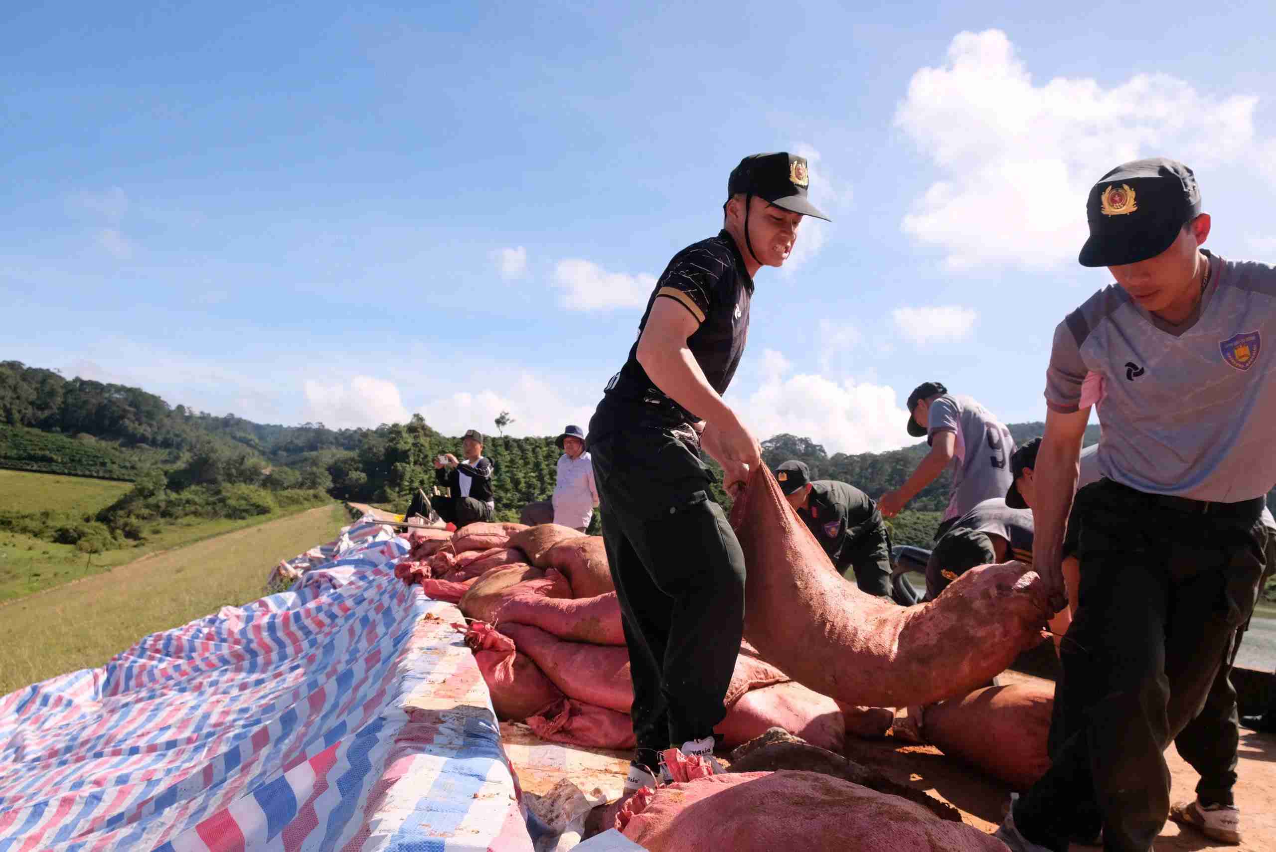 Các lực lượng nỗ lực vận chuyển đất gia cố thân đập Cay An. Ảnh: Phúc Khánh