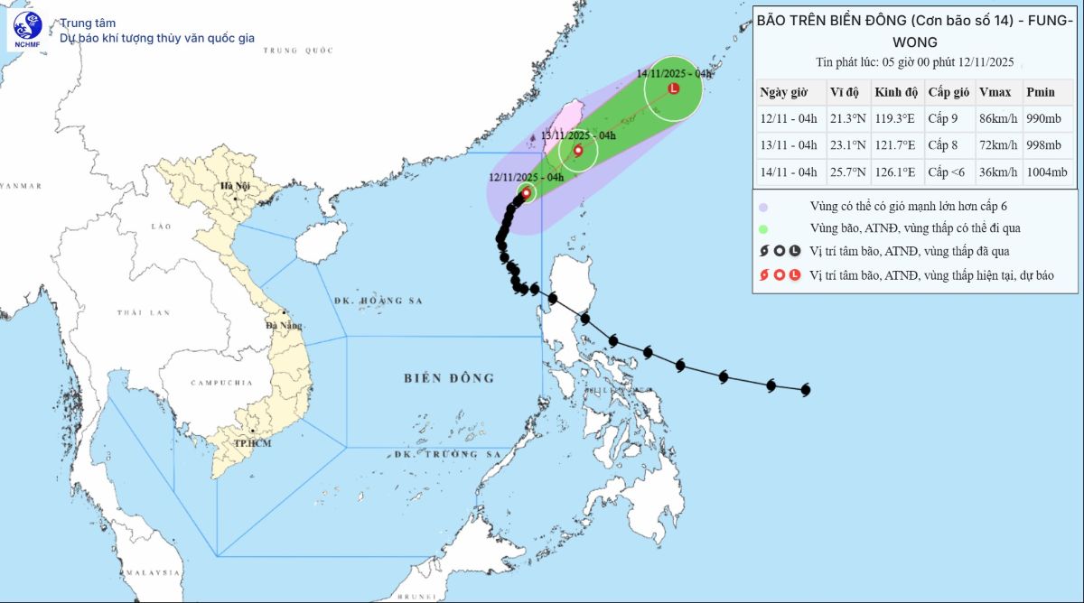 Dự báo đường đi của bão số 14. Ảnh: Trung tâm Dự báo Khí tượng Thủy văn Quốc gia Việt Nam