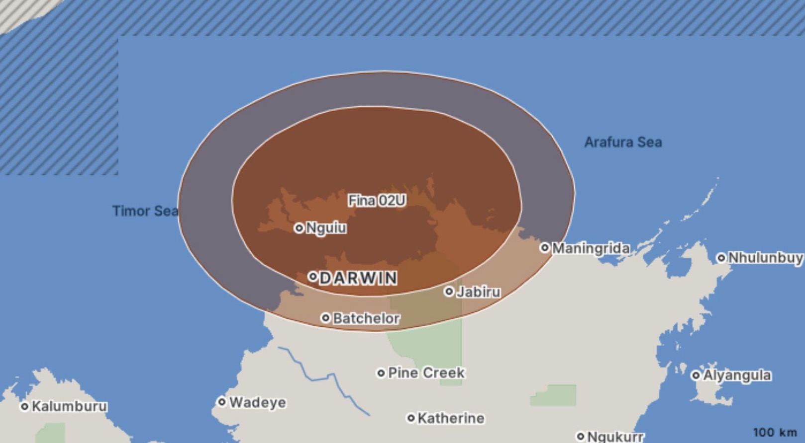 Dự báo vùng ảnh hưởng của bão Fina. Ảnh: Cơ quan Khí tượng Australia