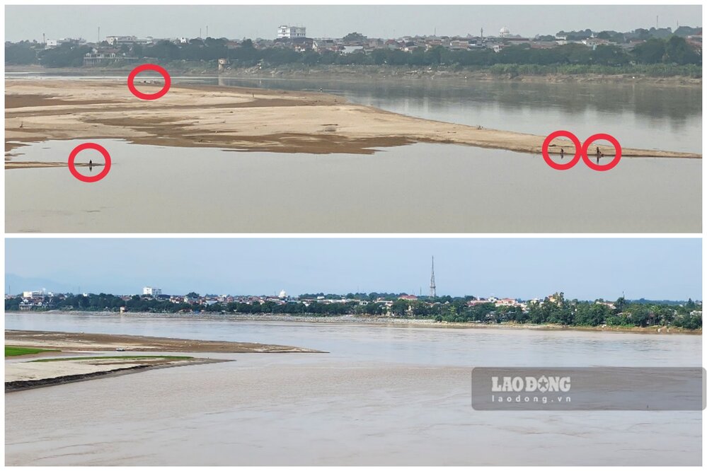 Tháng 11.2024, nước sông cạn, nhiều người dân đứng trên bãi bồi giữa sông để câu cá (ảnh phía trên). Ảnh: Tô Công.