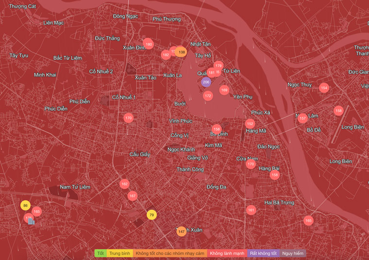 Chỉ số ô nhiễm tại Hà Nội lúc 7h15 sáng nay (2.12). Ảnh: IQAir