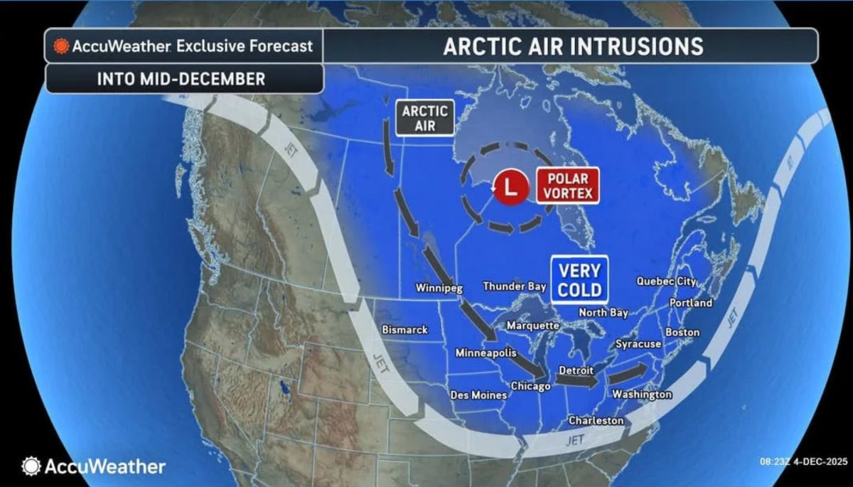 Bản đồ xoáy cực sẽ mang nhiệt độ lạnh giá đến một số vùng của Mỹ. Ảnh: AccuWeather