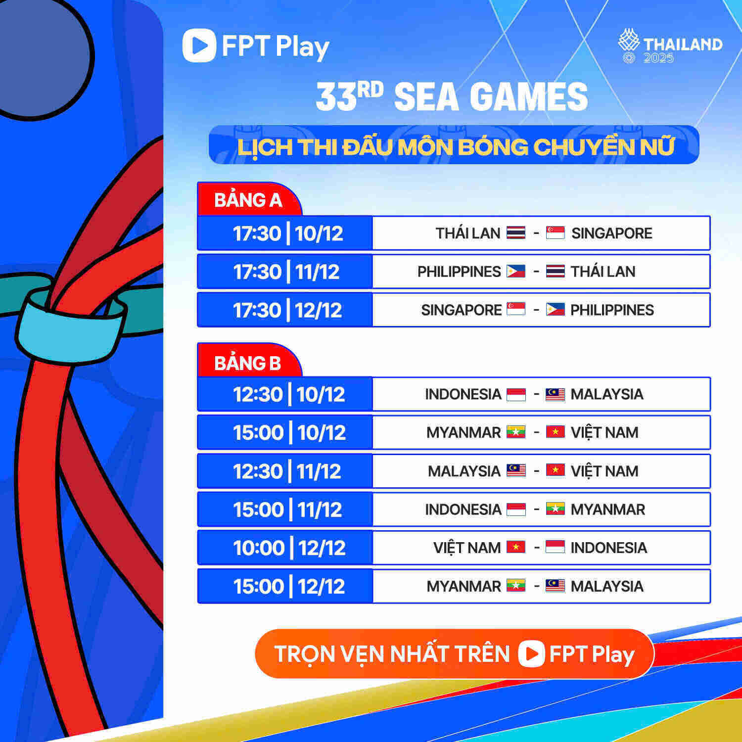 Ngày 11.12 sẽ diễn ra 3 trận đấu ở nội dung bóng chuyền nữ Sea Games 33. ẢNh: FPT Play