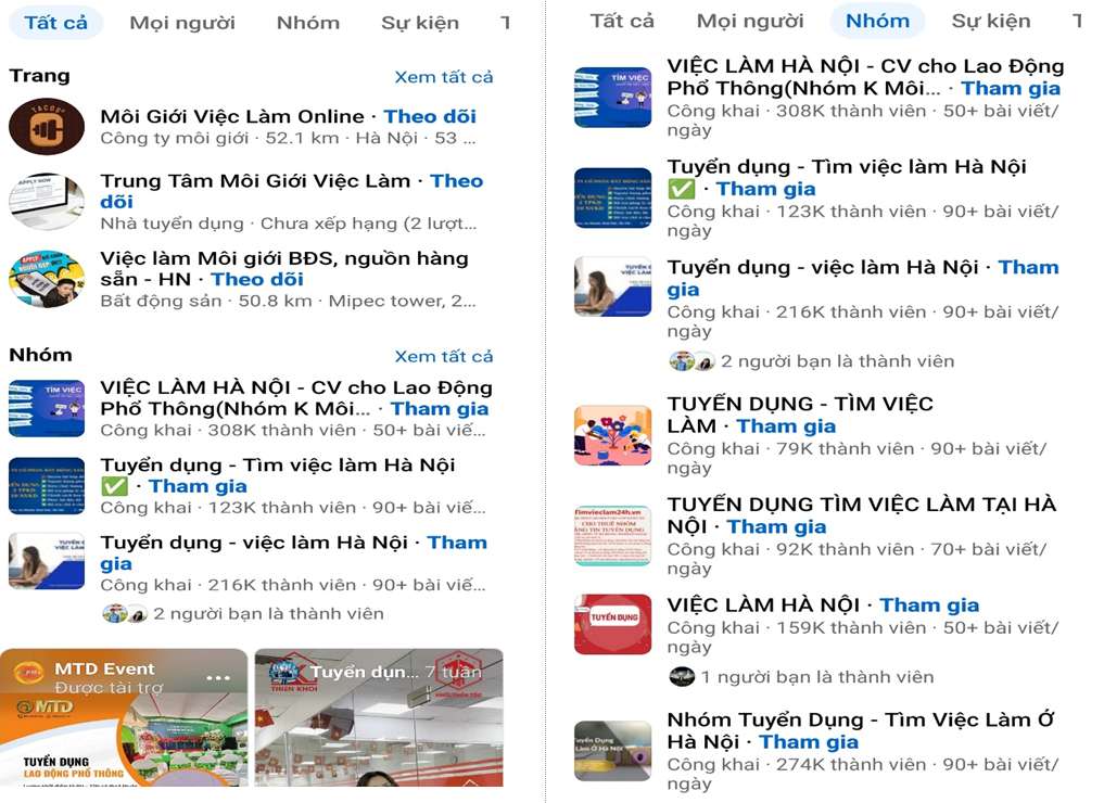 Không khó để tìm kiếm địa chỉ tư vấn việc làm trên các trang mạng xã hội. Ảnh: