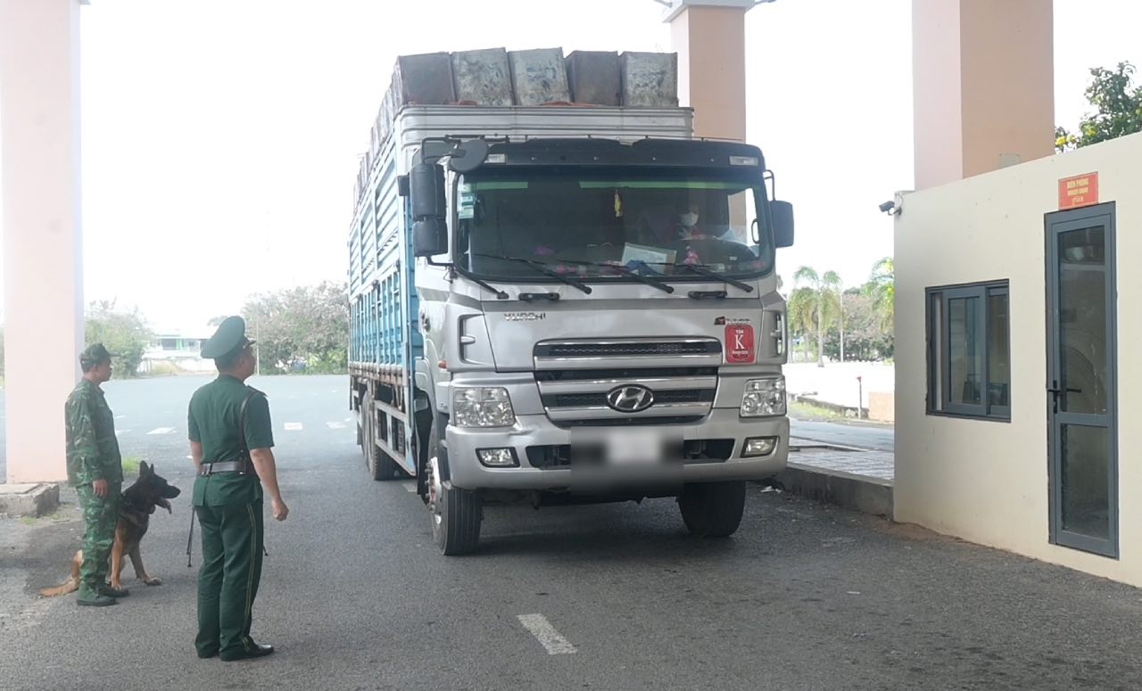 Kiểm tra phương tiện tại cửa khẩu Long Bình. Ảnh: Thành Nhân
