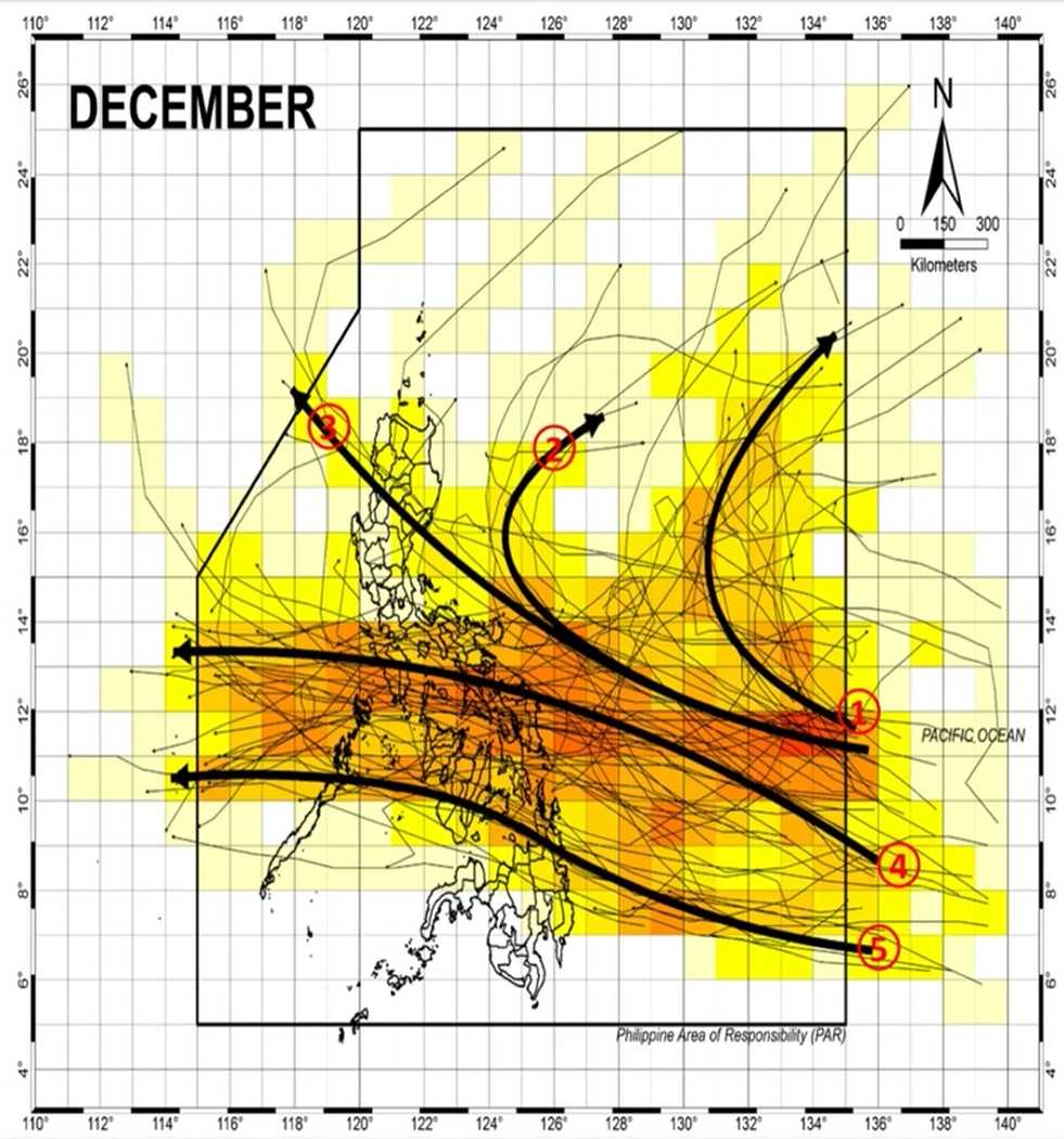 Đường đi thông thường của các cơn bão/áp thấp trong tháng 12 ở Philippines. Ảnh: PAGASA