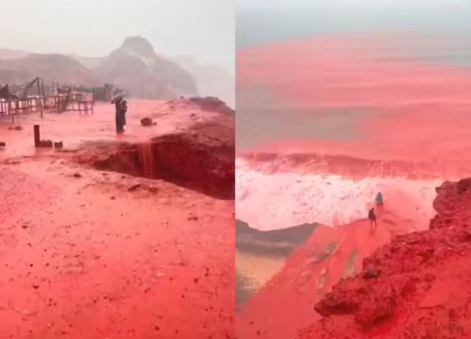 Kỳ lạ hòn đảo nhuộm màu đỏ rực như sao Hỏa sau mưa lớn
