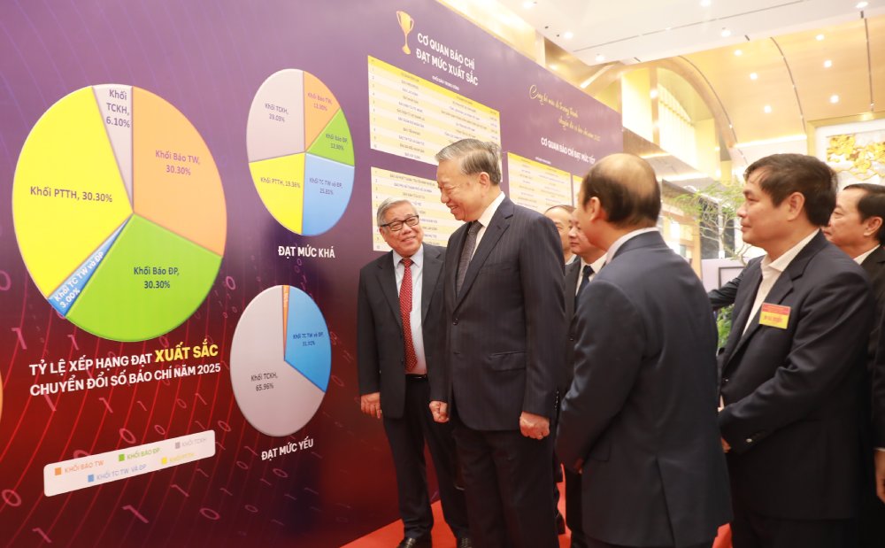 Tổng Bí thư Tô Lâm và các đại biểu tại khu vực đánh giá chuyển đổi số báo chí. Ảnh: Trần Vương