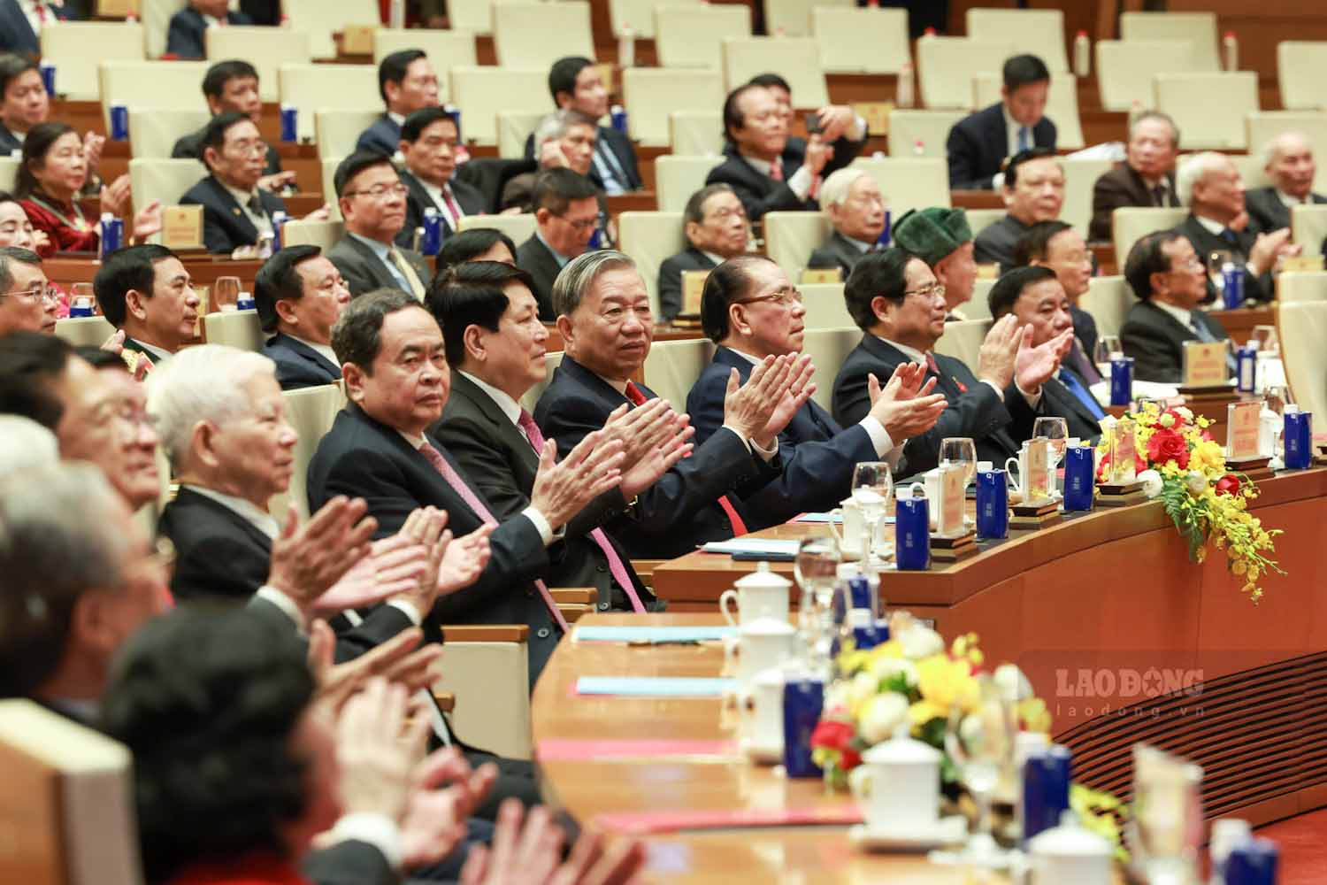 Tổng Bí thư Tô Lâm cùng các lãnh đạo, nguyên lãnh đạo Đảng, Nhà nước tham dự Lễ kỷ niệm. Ảnh: Hải Nguyễn.