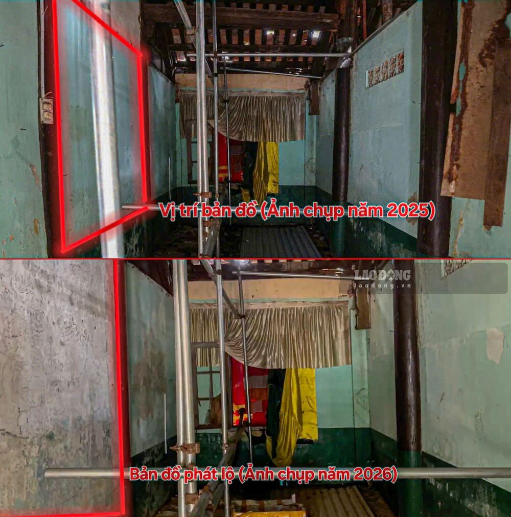 Hình ảnh vị trí bức tường ở Khâm Thiên Giám được cho là phát lộ thêm bản vẽ nghi là bản đồ cổ chụp cùng một vị trí ở hai thời điểm khác nhau. Ảnh: Nguyễn Luân.