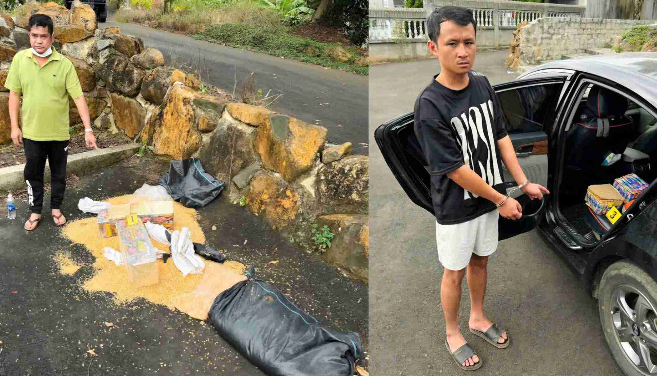 Dương Quốc Bảo và Lê Hồng Sơn bị Công an phường B'Lao bắt quả tang khi đang vận chuyển hơn 42kg pháo nổ ngụy trang trong bao tải chứa hạt bắp. Ảnh: Công an cung cấp