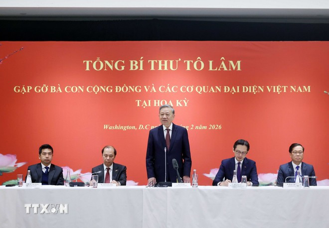 Tổng Bí thư Tô Lâm phát biểu tại buổi gặp gỡ. (Ảnh: Thống Nhất/TTXVN)