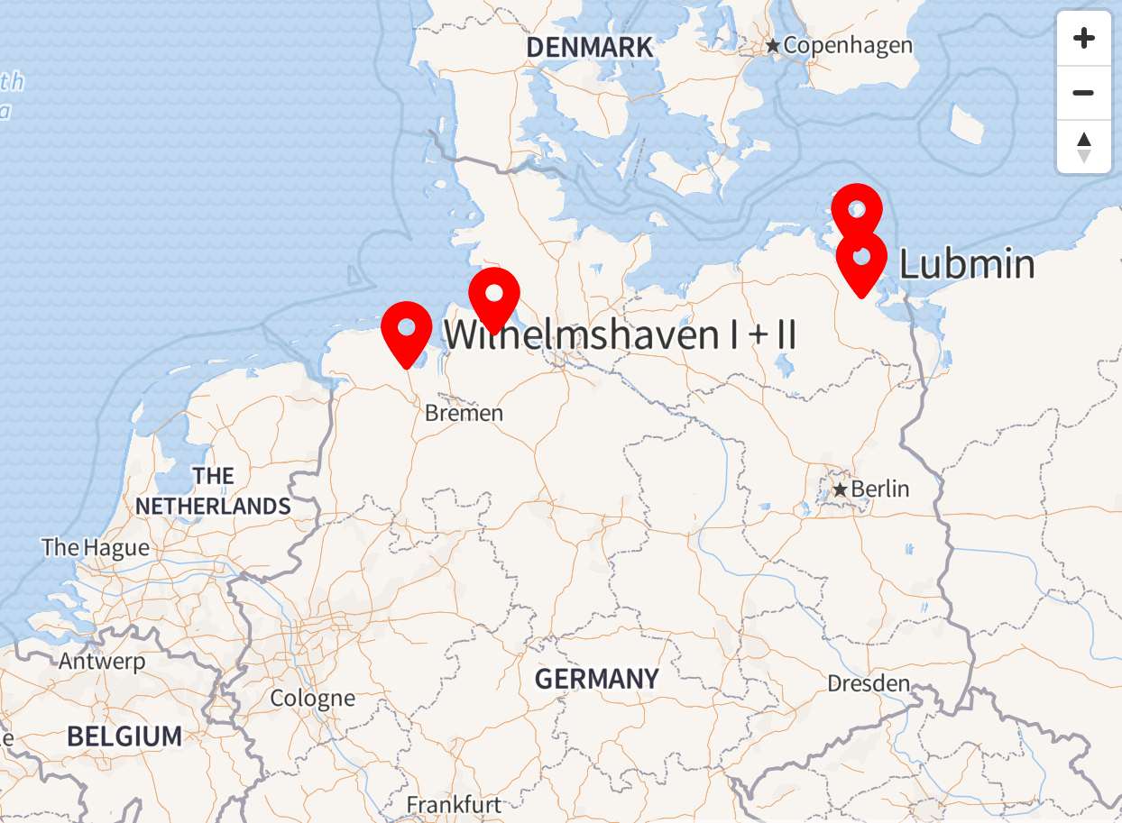 Các cảng LNG ở Đức. Ảnh: Open Street Maps