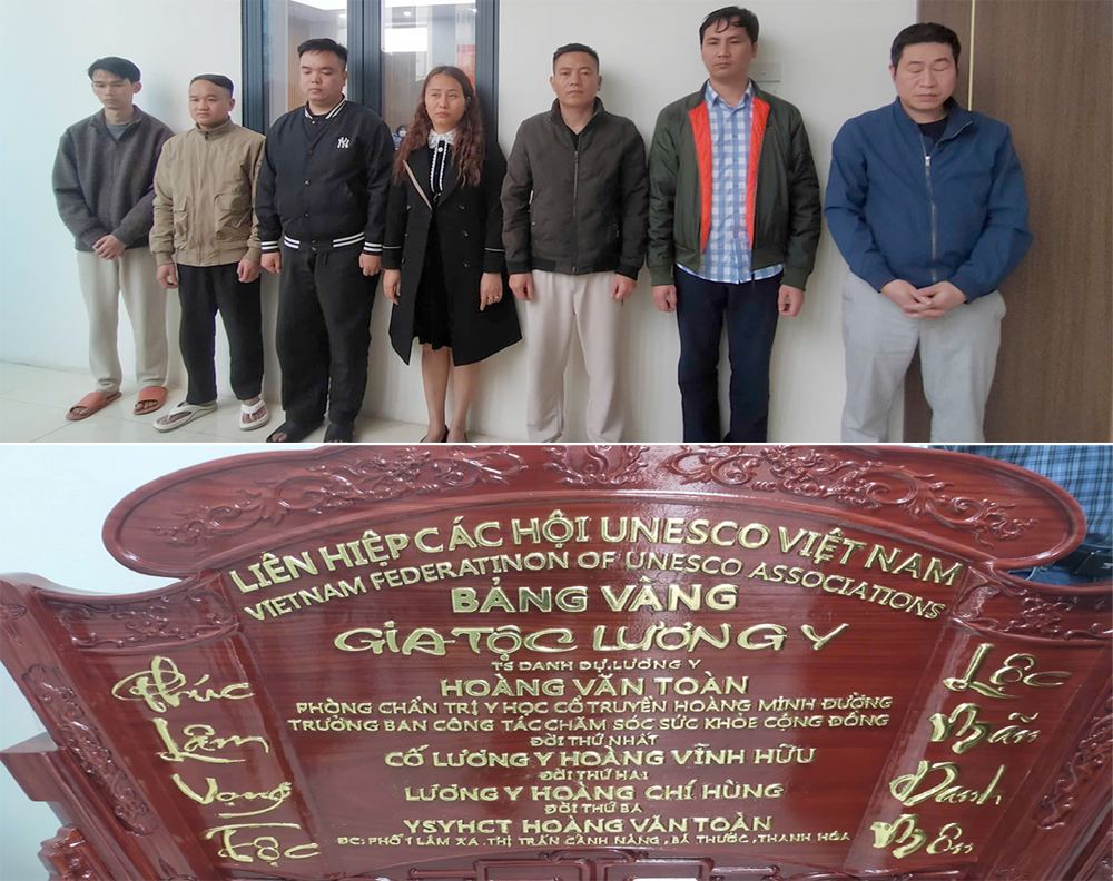 Các đối tượng trong đường dây bị bắt giữ, thu giữ nhiều thiệt bị, biển hiệu. Ảnh: Công an Thanh Hóa