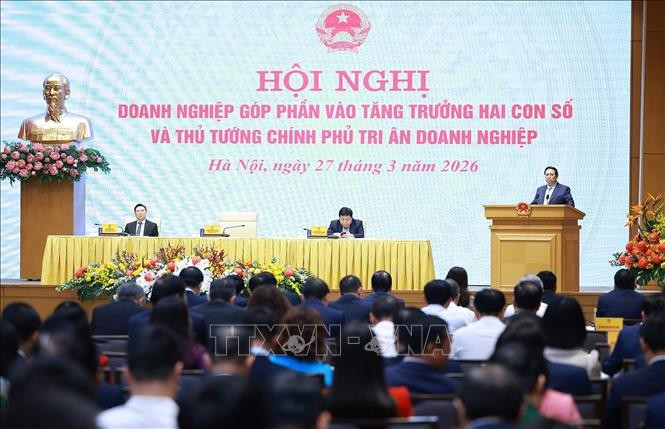 Thủ tướng Phạm Minh Chính chủ trì Hội nghị Doanh nghiệp góp phần vào tăng trưởng hai con số và Thủ tướng Chính phủ tri ân doanh nghiệp. Ảnh: Dương Giang/TTXVN