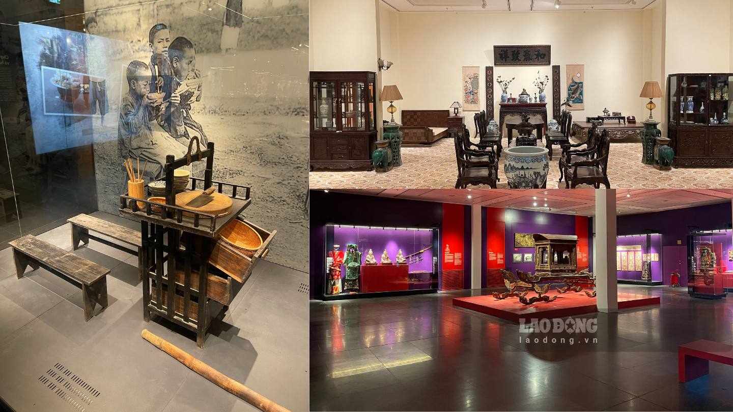 Trưng bày tại tầng 3 sử dụng nghệ thuật sắp đặt hình học độc đáo để kết nối các câu chuyện về sự phát triển kinh tế, văn hóa của Hà Nội giai đoạn này.