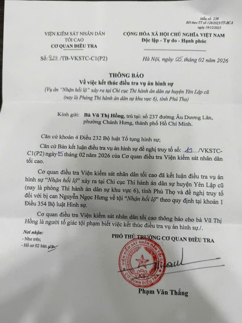 Cơ quan điều tra VKSND tối cao thông báo kết thúc điều tra vụ án hình sự. Ảnh: NVCC