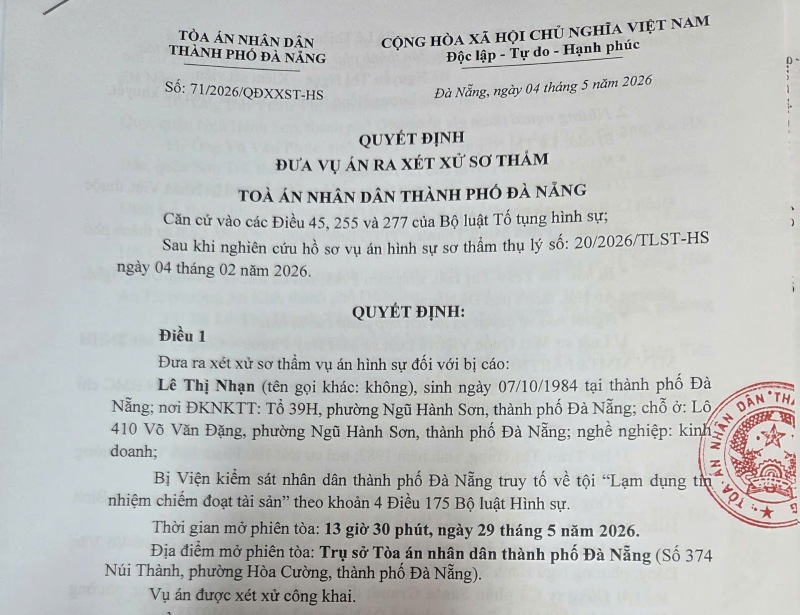 TAND TP Đà Nẵng sẽ xét xử vụ vay mượn hơn 40 tỉ đồng chủ yếu giao dịch qua chuyển khoản, tiền mặt và tin nhắn, vào chiều 29.5.2026. Ảnh: Trường An