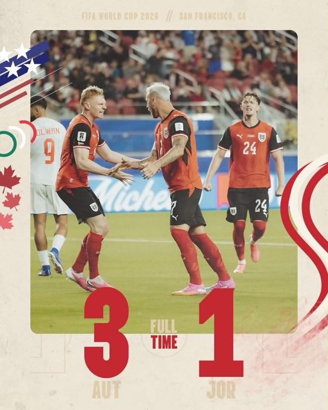 Đội tuyển Áo thắng Jordan trận ra quân World Cup 2026