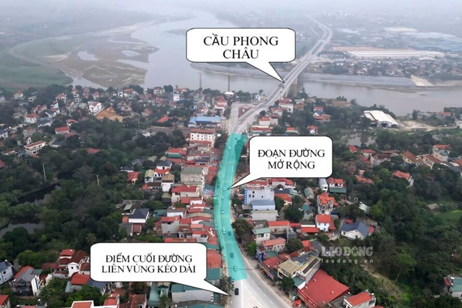 Đoạn đường thắt cổ chai dài khoảng 230m nối từ đầu cầu Phong Châu đến điểm cuối đường liên vùng kéo dài. Ảnh: Tô Công