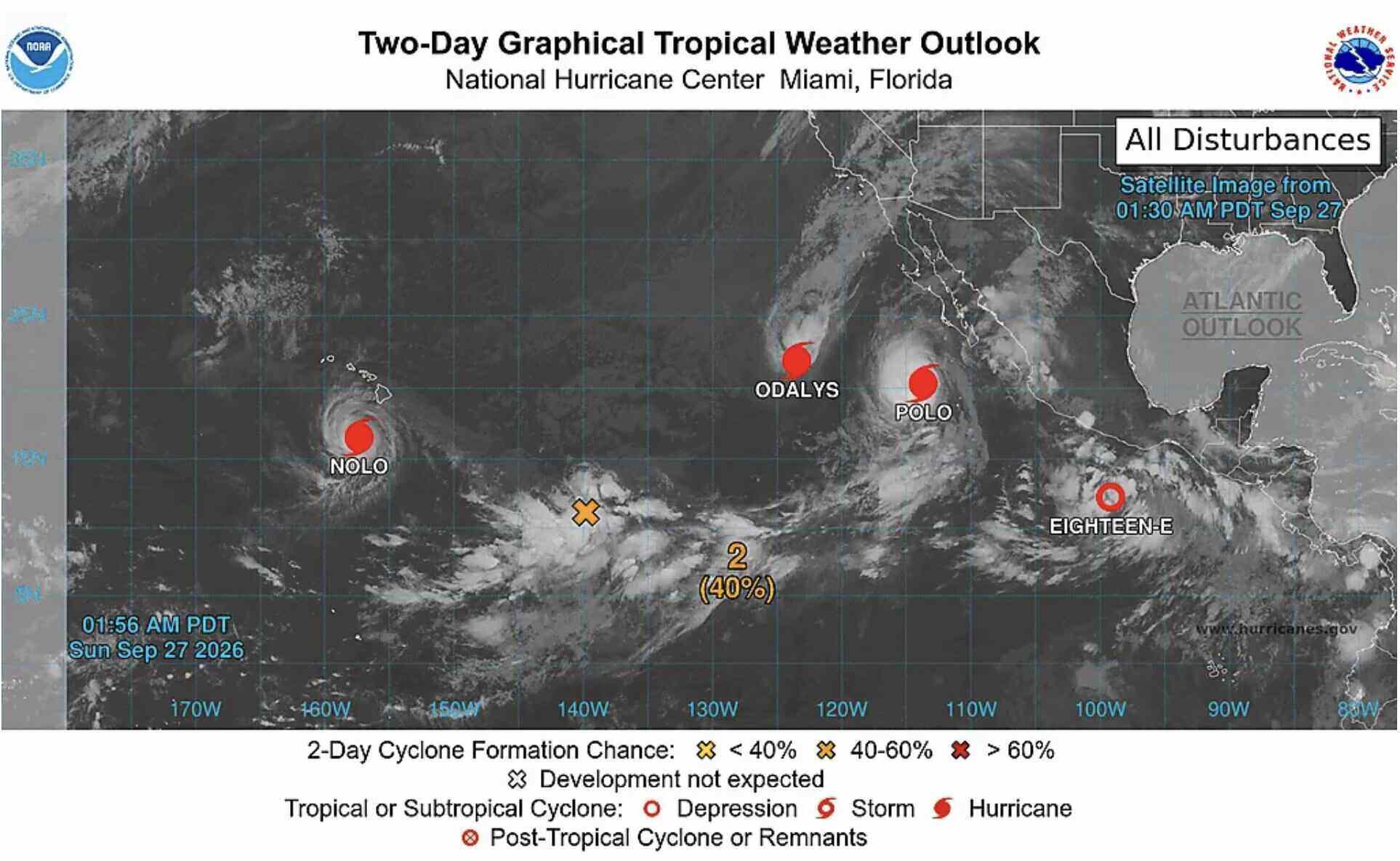 Bản đồ dự báo của Trung tâm Bão quốc gia Mỹ (NHC) ngày 27.9.2026 cho thấy vị trí của các cơn bão Nolo, Odalys và Polo cùng các vùng nhiễu động nhiệt đới trên Thái Bình Dương. Ảnh: NOAA