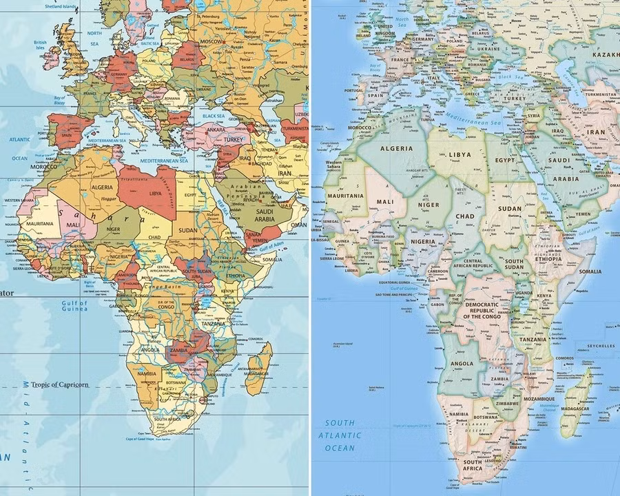 Châu Phi trên bản đồ thế giới truyền thống theo phép chiếu Mercator (trái) và trên bản đồ Equal Earth năm 2018 (phải). Ảnh: Equal Earth. bando1.jpg