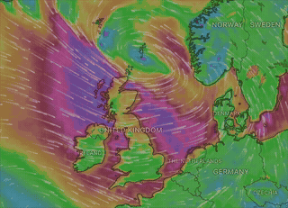 Bản đồ dự báo gió mạnh tại Anh và Ireland trong thời gian bão Boelo ảnh hưởng khu vực. Ảnh: Windy